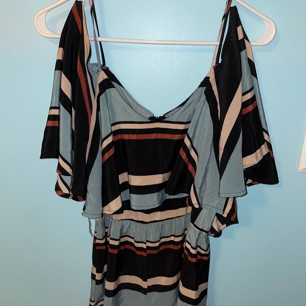 Charlotte Russe- Black, Rust, Tan, and Blue Striped Romper Size Medium